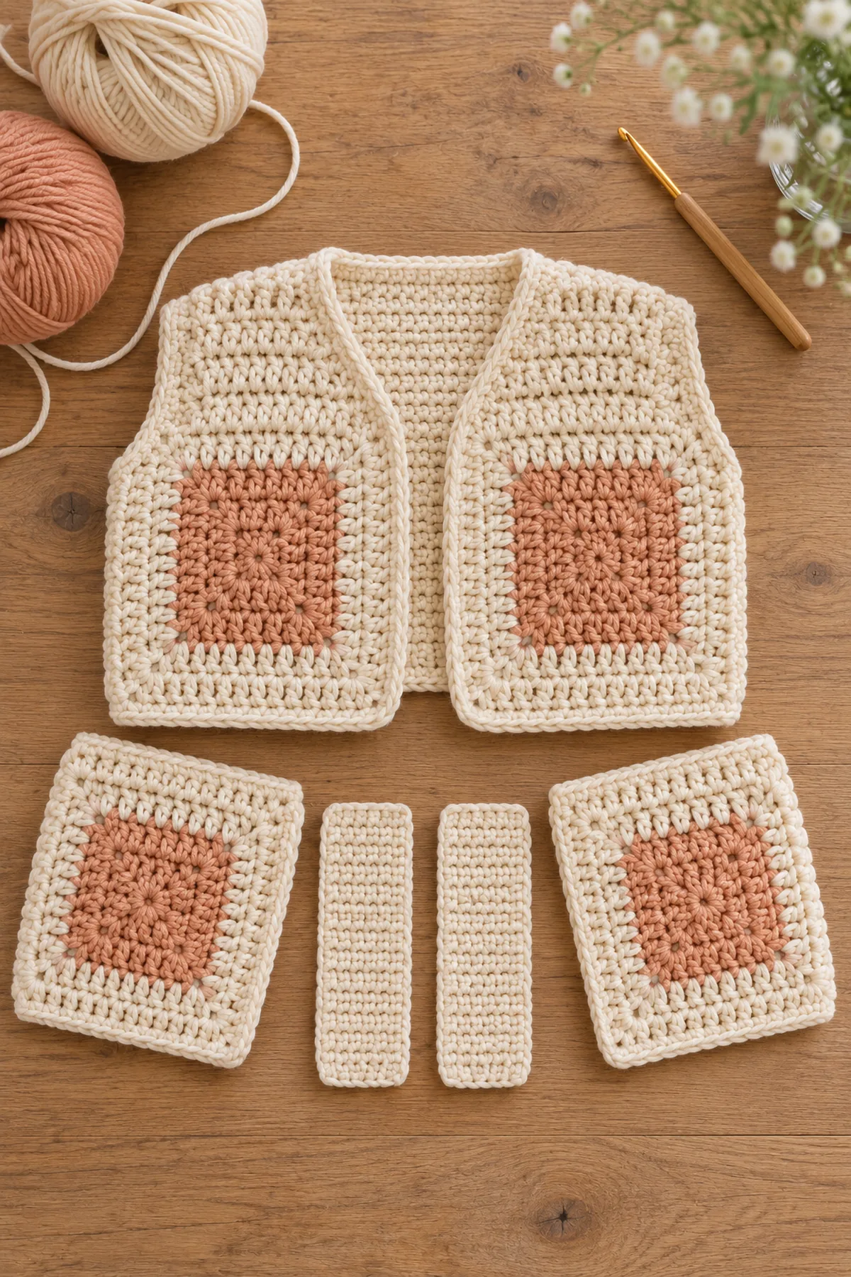 Four cream-and-peach solid granny squares partly sewn into cropped open-front body, two sleeve squares and two narrow plain crochet underarm rectangles separate beside body; no sleeve attached.