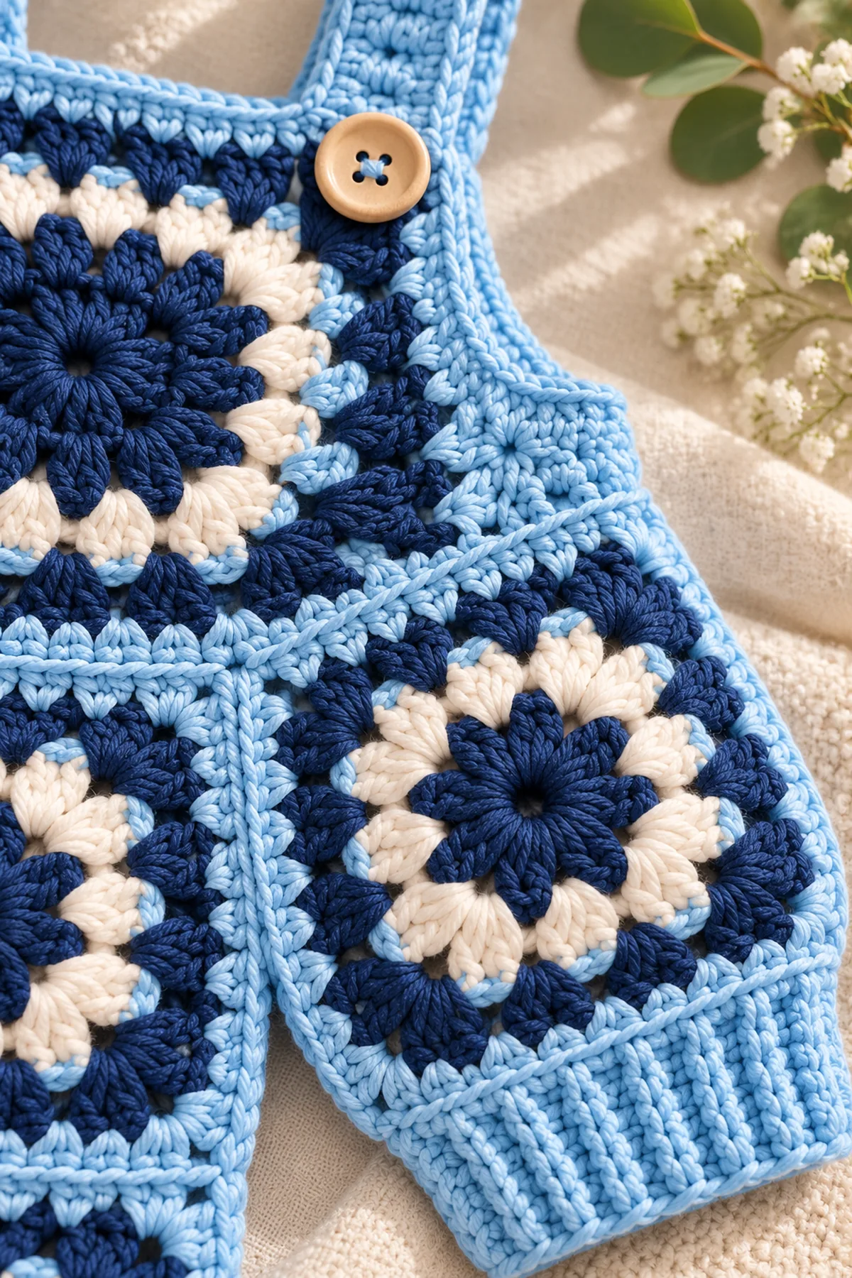 Close view of stitches and finishing on crochet baby granny square romper pattern | cute handmade outfit