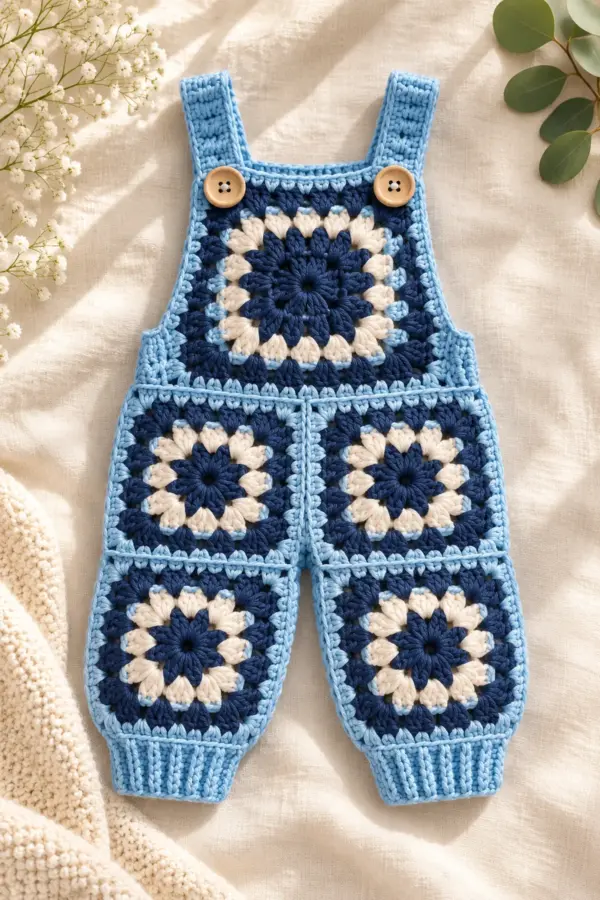 Blue, navy and cream crochet granny-square baby romper with bib and leg squares