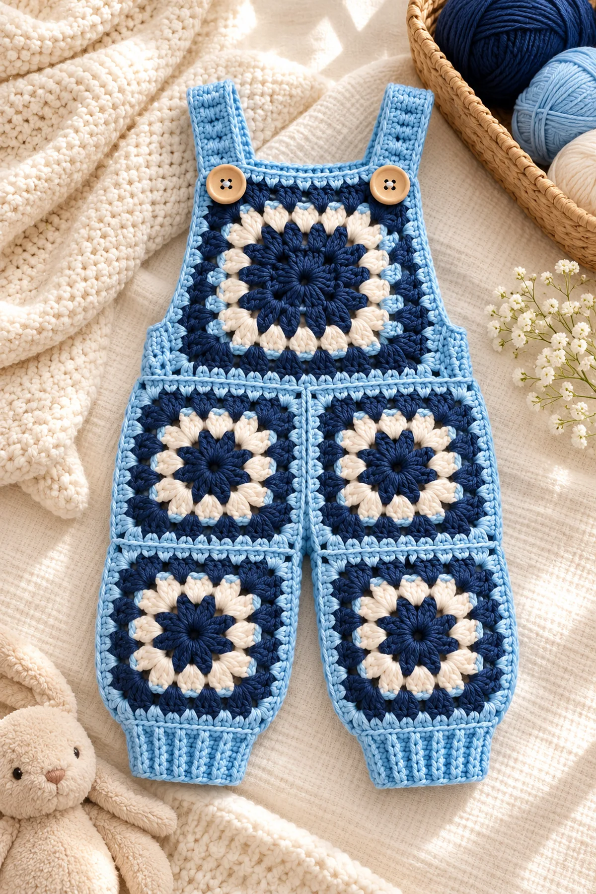 Finished crochet baby granny square romper pattern | cute handmade outfit in a softly lit neutral setting