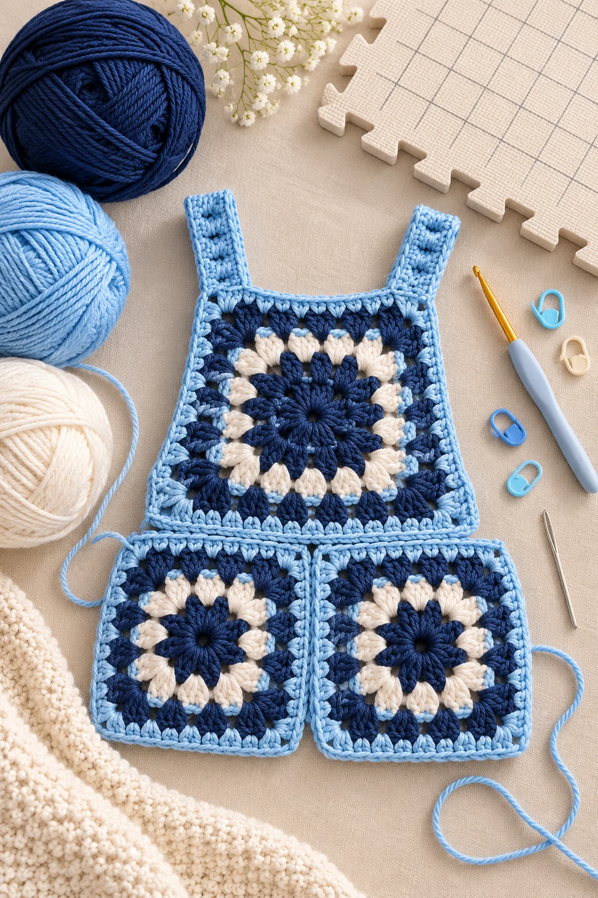 Yarn, hook, markers and tools for crochet baby granny square romper pattern | cute handmade outfit