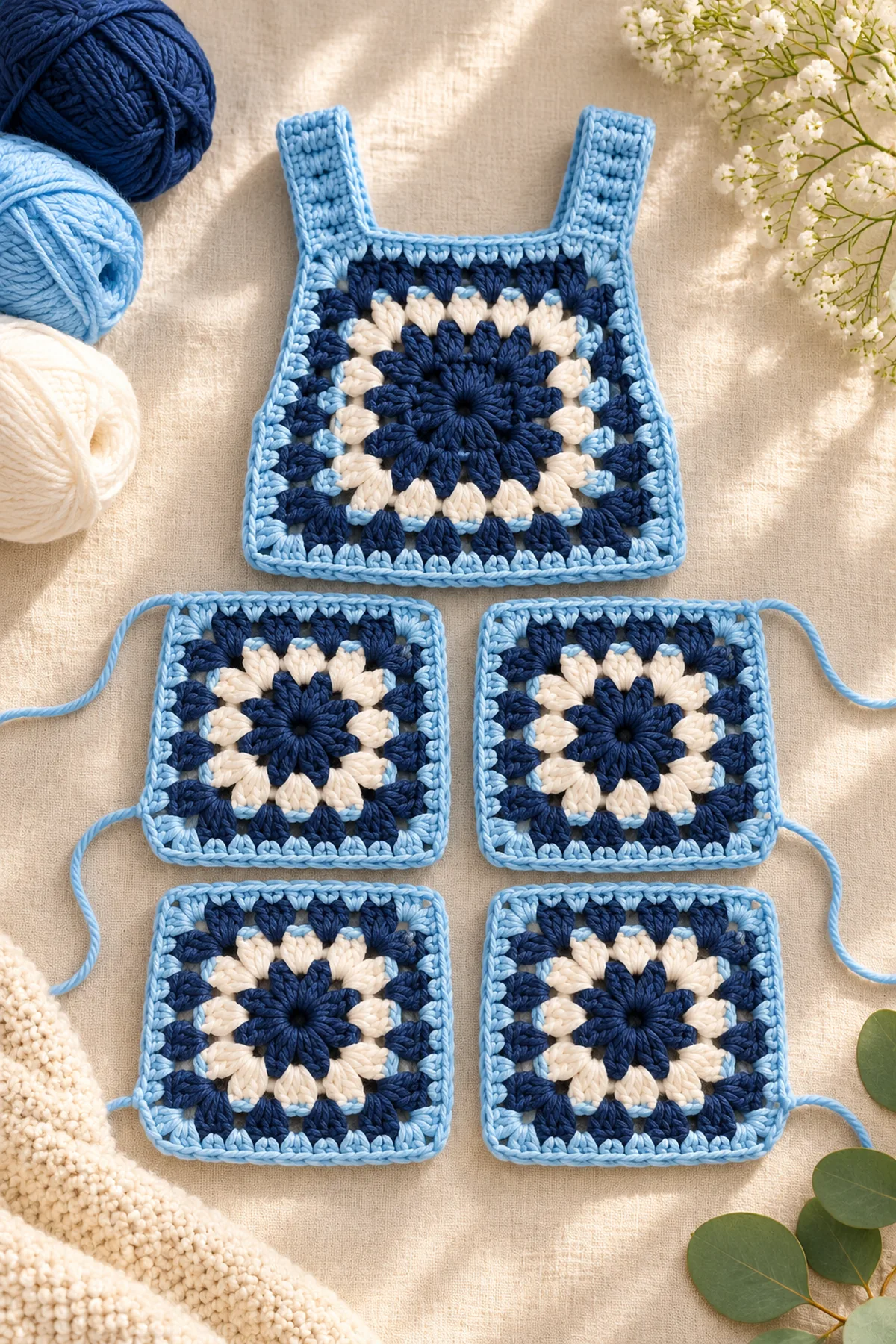 Early construction stage of crochet baby granny square romper pattern | cute handmade outfit