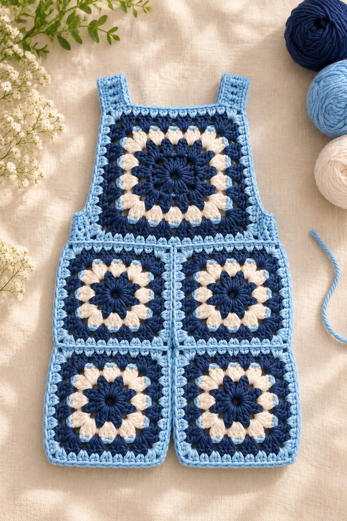 Shaping and assembly stage of crochet baby granny square romper pattern | cute handmade outfit