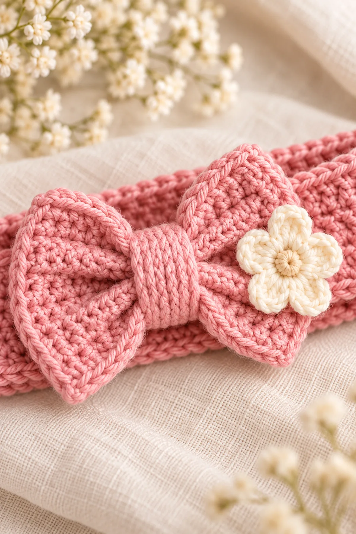 Close view of stitches and finishing on crochet baby headband pattern | easy flower & bow design