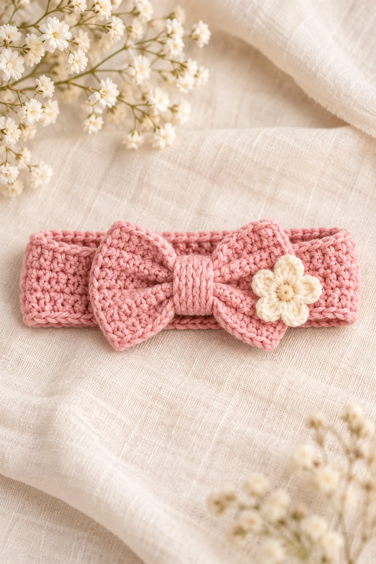 Dusty-pink crochet baby headband with centered bow and small cream flower