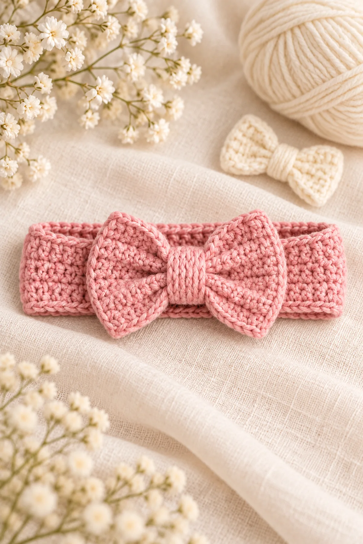 Finished crochet baby headband pattern | easy flower & bow design in a softly lit neutral setting