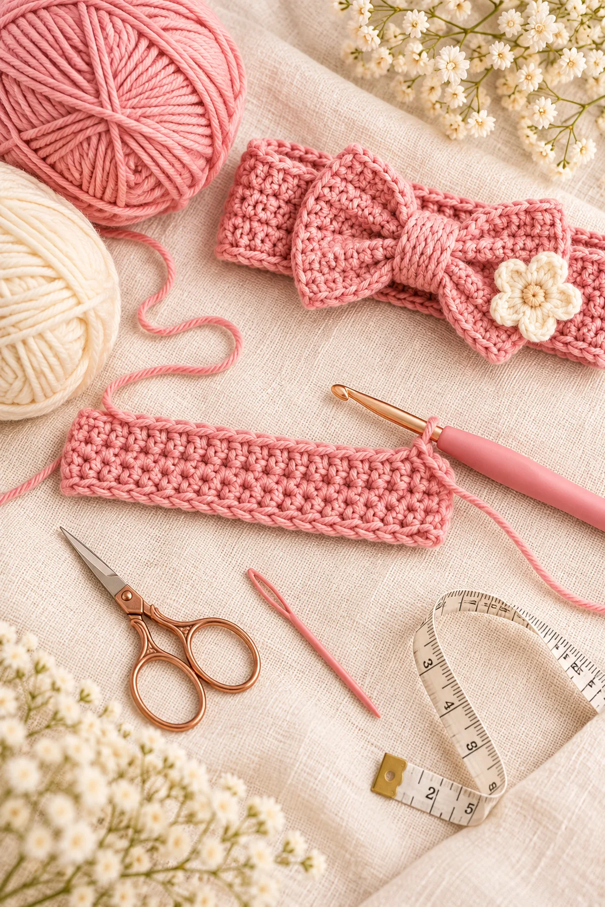 Yarn, hook, markers and tools for crochet baby headband pattern | easy flower & bow design
