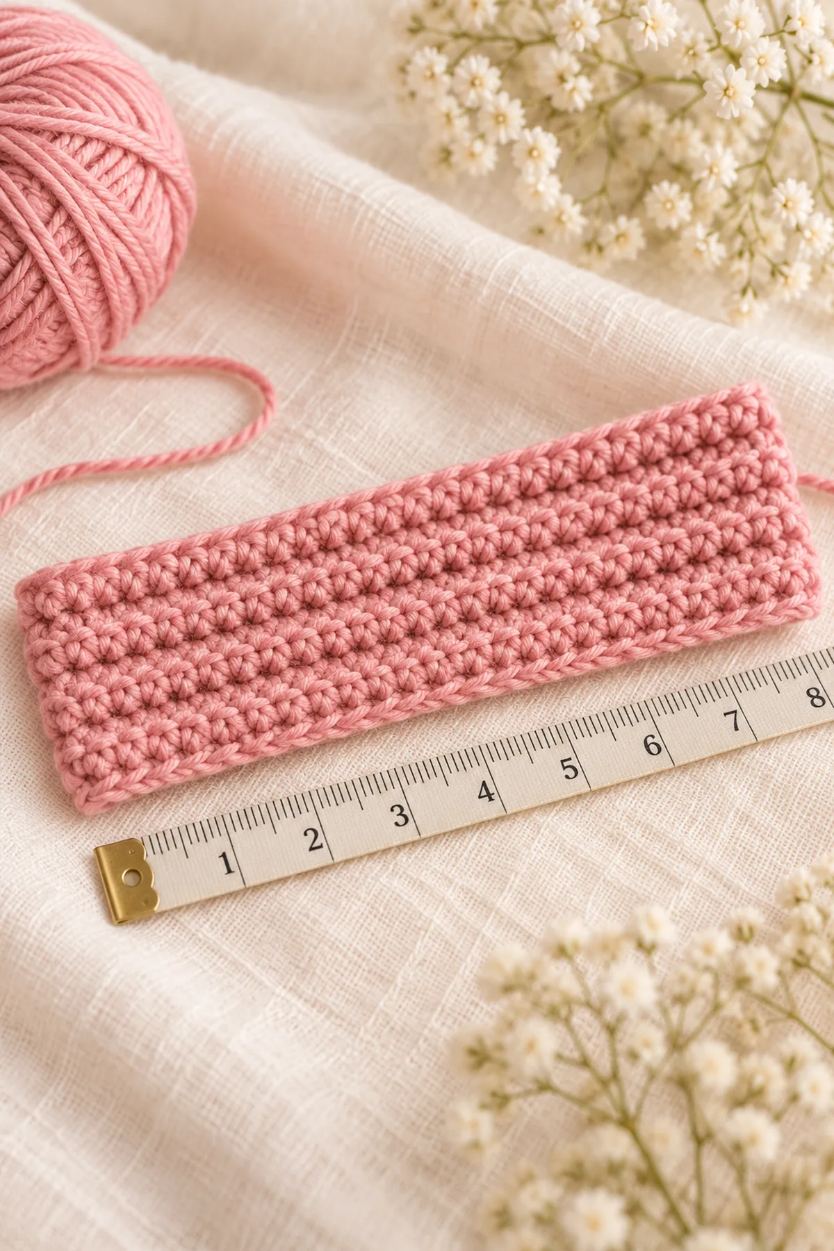 Early construction stage of crochet baby headband pattern | easy flower & bow design