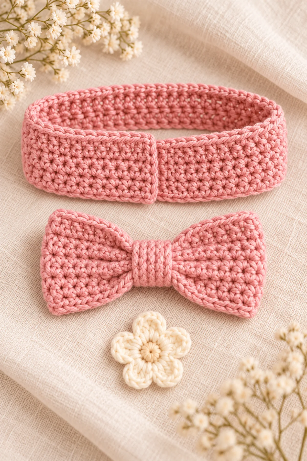 Shaping and assembly stage of crochet baby headband pattern | easy flower & bow design
