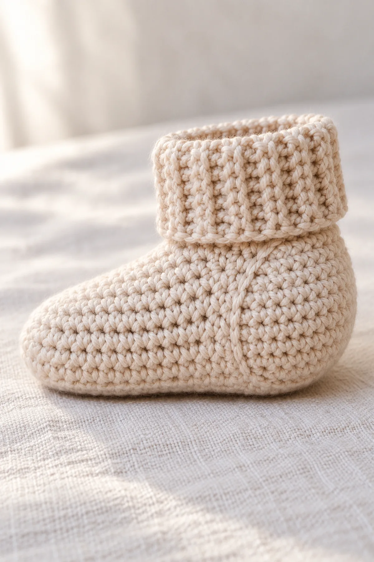 Macro side view of shaped heel cup and tidy gusset decrease lines on pale-oat crochet baby sock bootie; no separate oval sole seam.
