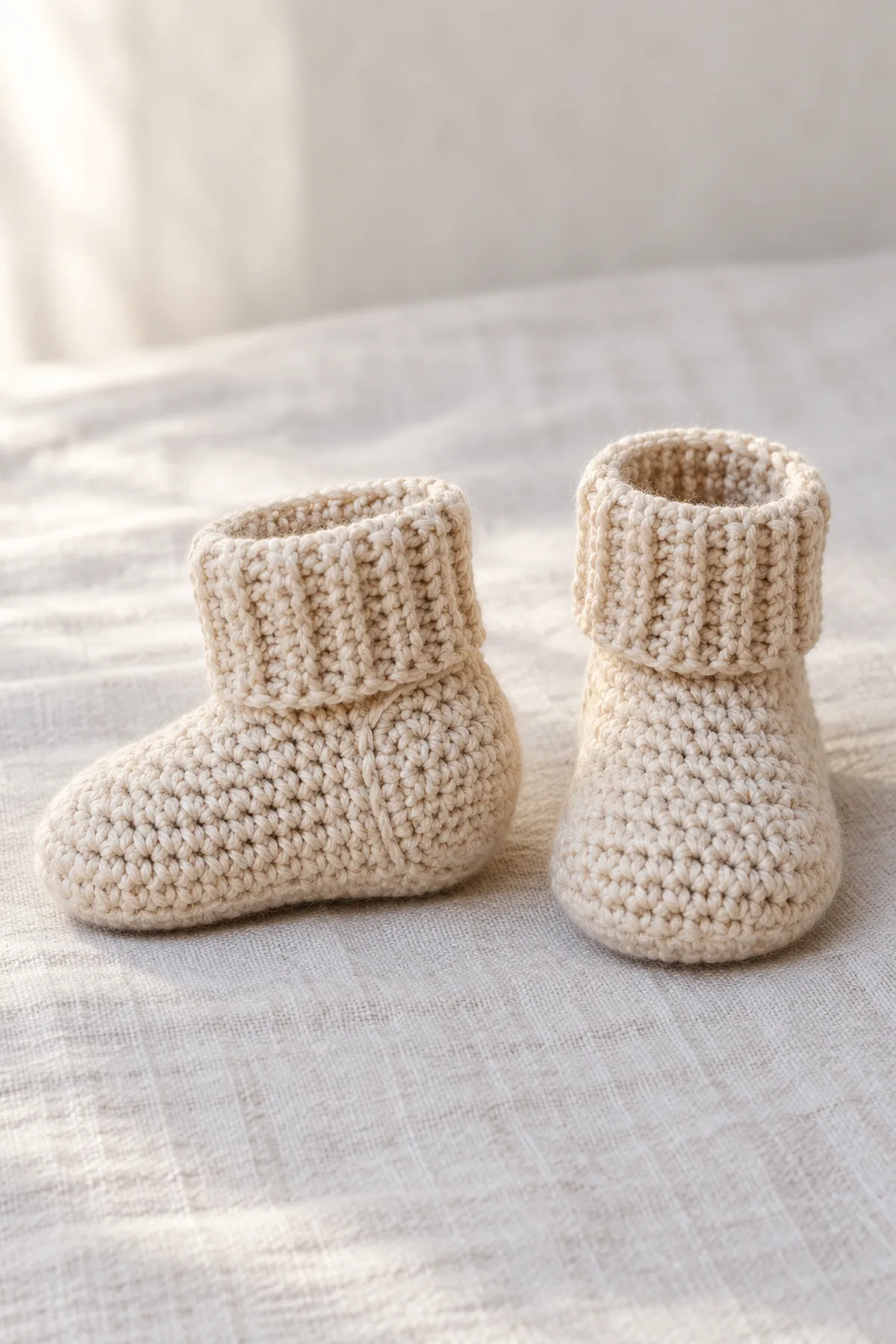 Matched pair of original pale-oat crochet baby sock booties with ribbed cuffs, distinctly turned heel cups, short smooth feet and rounded toes; one bootie in profile showing heel, the other upright. No buttons, flowers or ties.