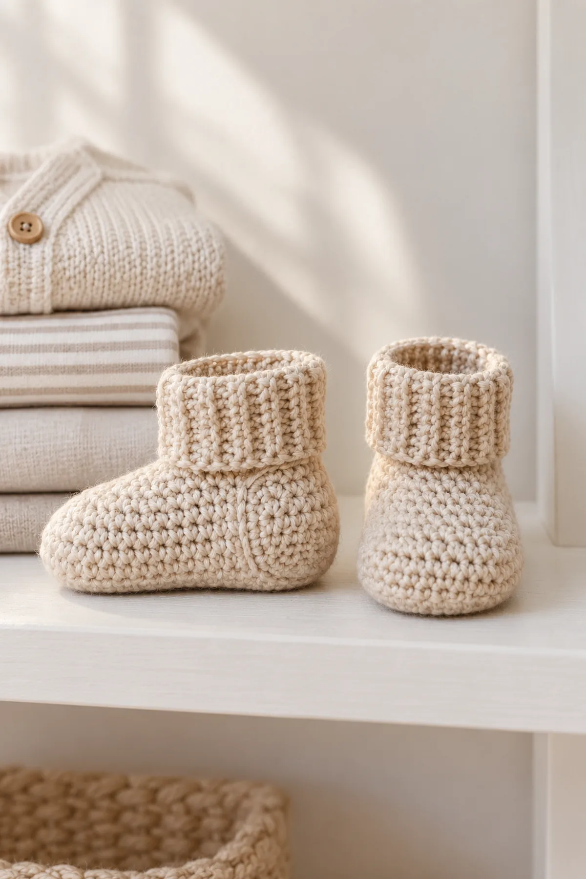 Same pair of pale-oat heel-flap crochet baby sock booties displayed beside folded neutral baby clothing on a pale shelf, one profile showing heel and one showing toe, no child.
