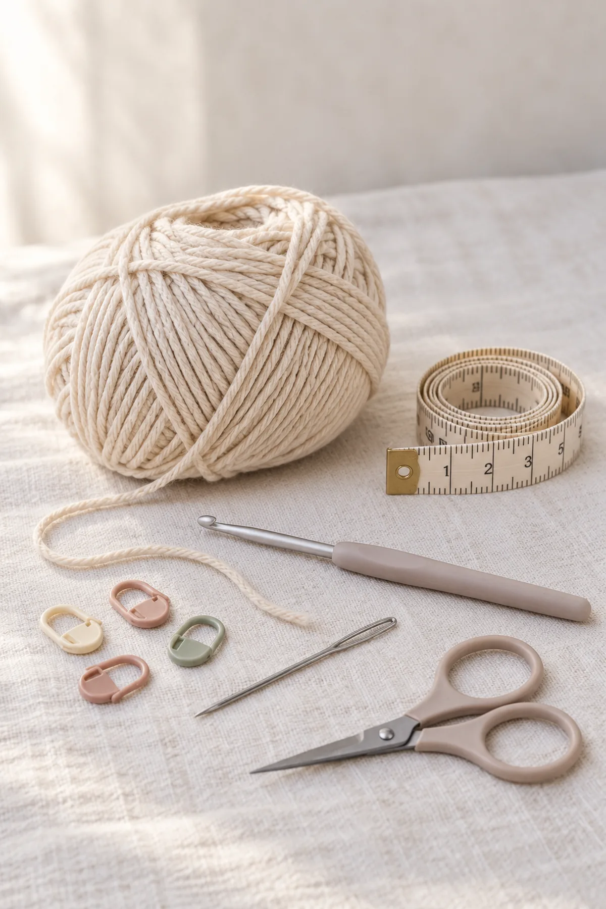 Pale-oat washable DK cotton-blend yarn, 3.5 mm hook, markers, tape measure, blunt yarn needle and scissors on cream linen; no finished booties.