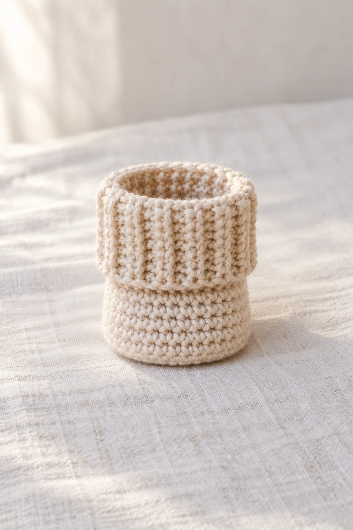 One pale-oat ribbed crochet cuff already seamed into a ring with a short straight leg beneath it and front/back markers; no heel flap or foot yet.
