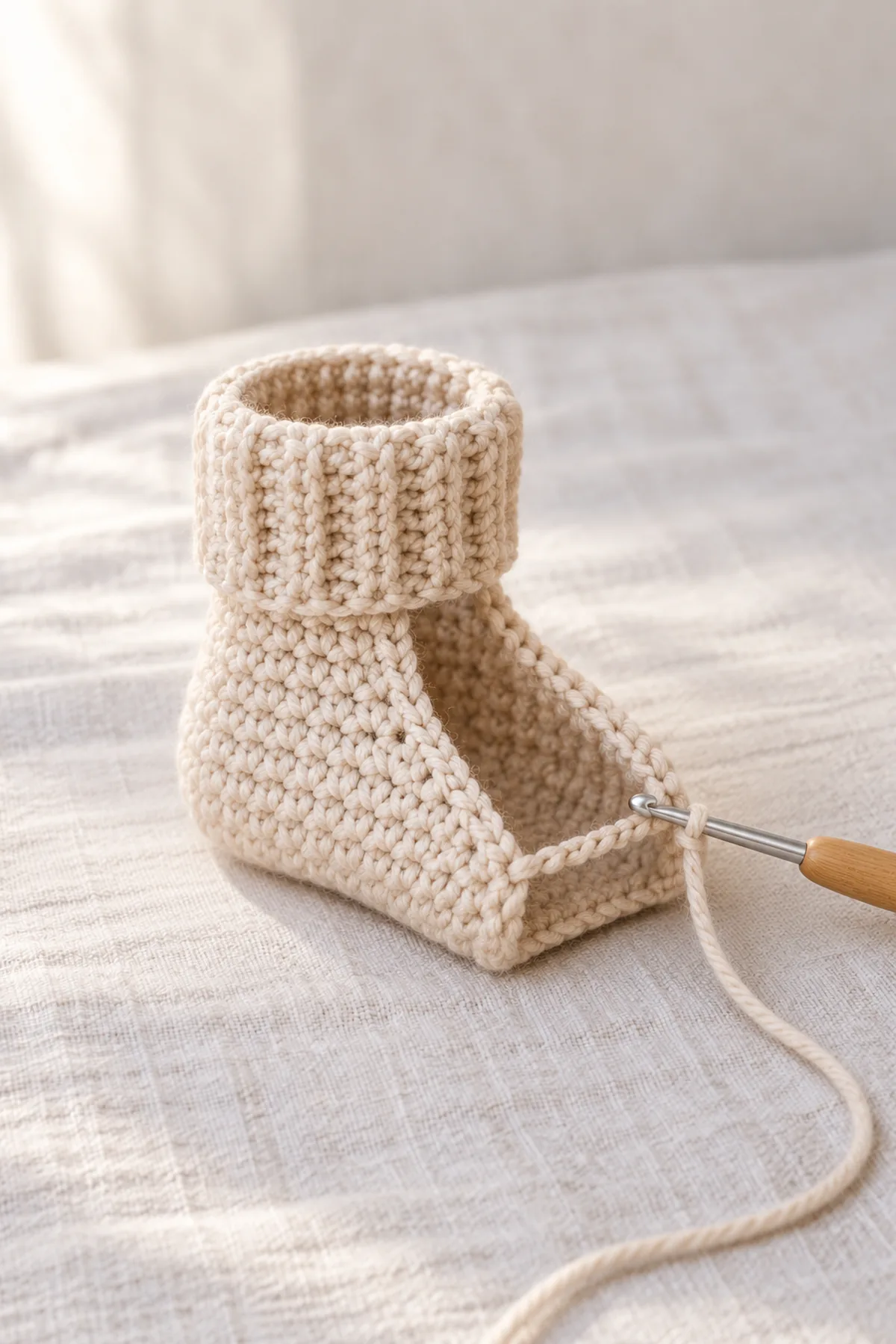 Unfinished pale-oat crochet sock bootie showing narrow turned heel flap, picked-up gusset sides and unworked front instep, hook attached; no finished rounded toe.