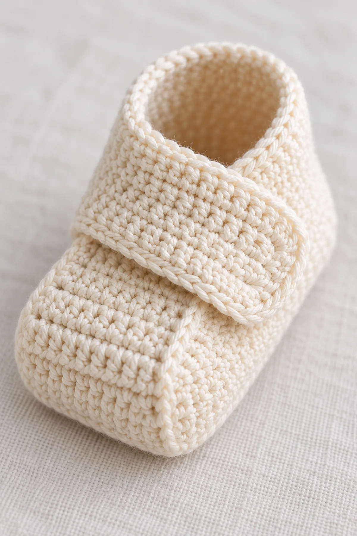 Macro of permanent four-stitch-wide tab crossing and sewn flat over the square bootie's toe-side upper opening, distinct central sole fold and soft seams, no button.