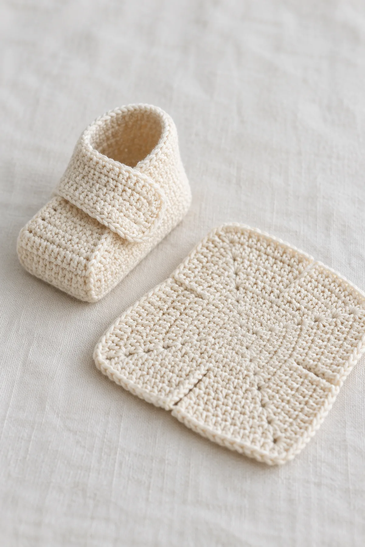 Original pair of warm-cream crochet baby origami square booties, each with a crisp folded flat sole, boxy square toe and one broad sewn overlapping vamp tab; one completed bootie beside its still-flat square source, no buttons or ties.