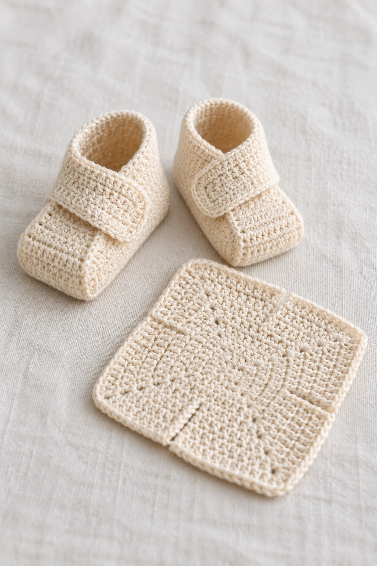 Same pair of warm-cream folded-square baby booties on pale linen with one flat matching crochet square nearby to show the origami construction, no child or extra decorative trim.