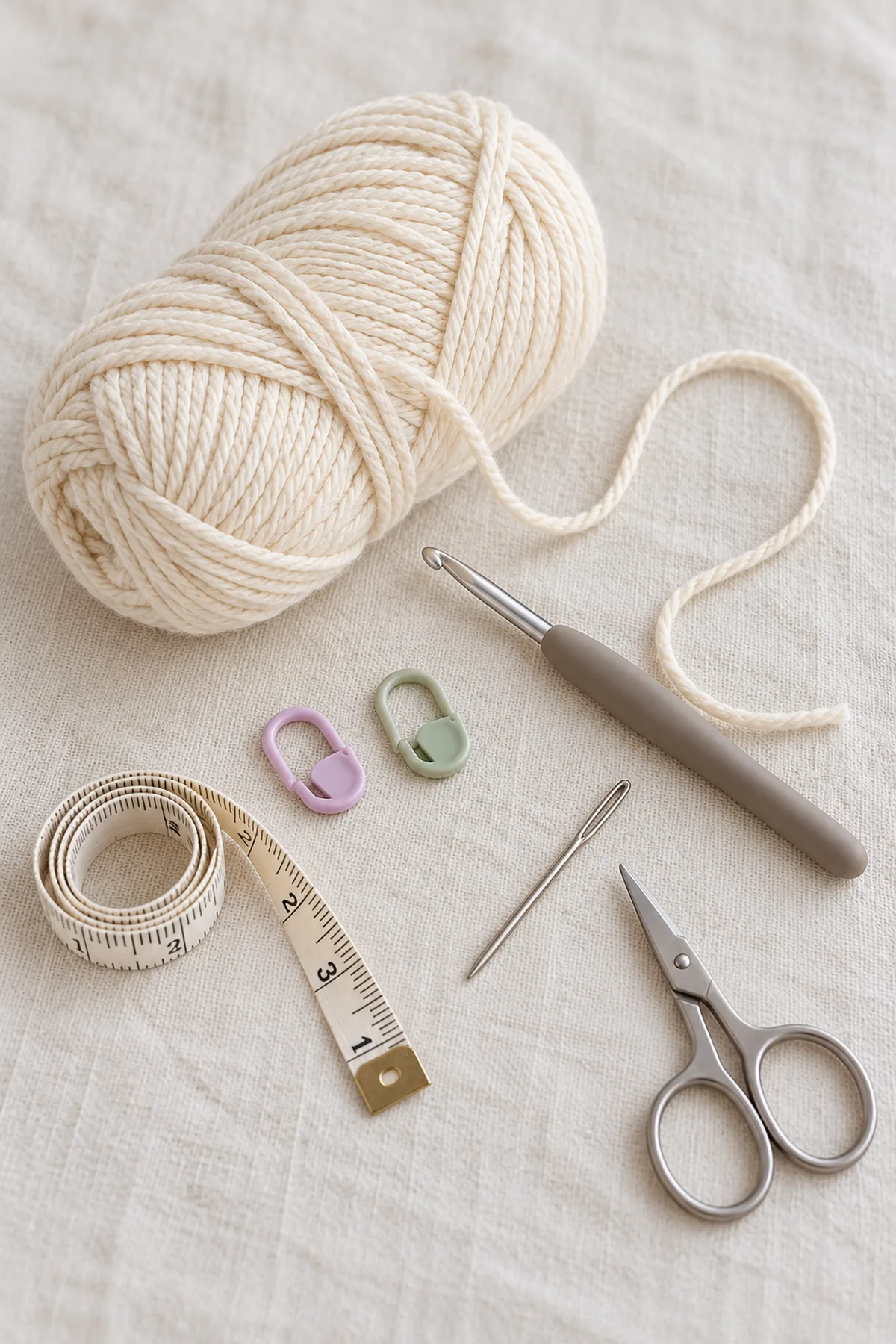 Warm-cream DK cotton-blend yarn, 3.5 mm hook, two contrasting markers, tape measure, blunt yarn needle and scissors on cream linen; no finished booties.
