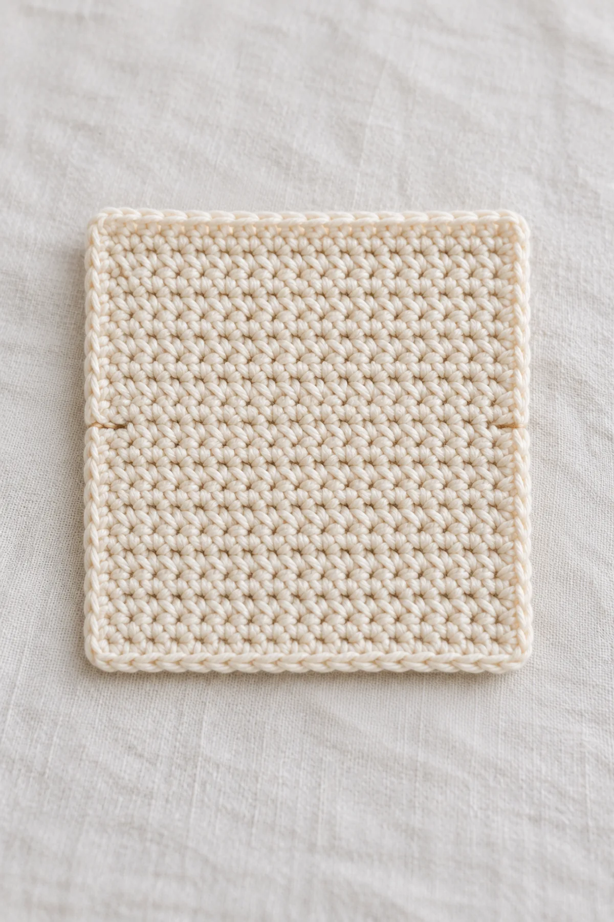 One dense warm-cream single-crochet square laid perfectly flat with its central horizontal fold line marked at both edges, 18 rows by 18 stitches; no seams.
