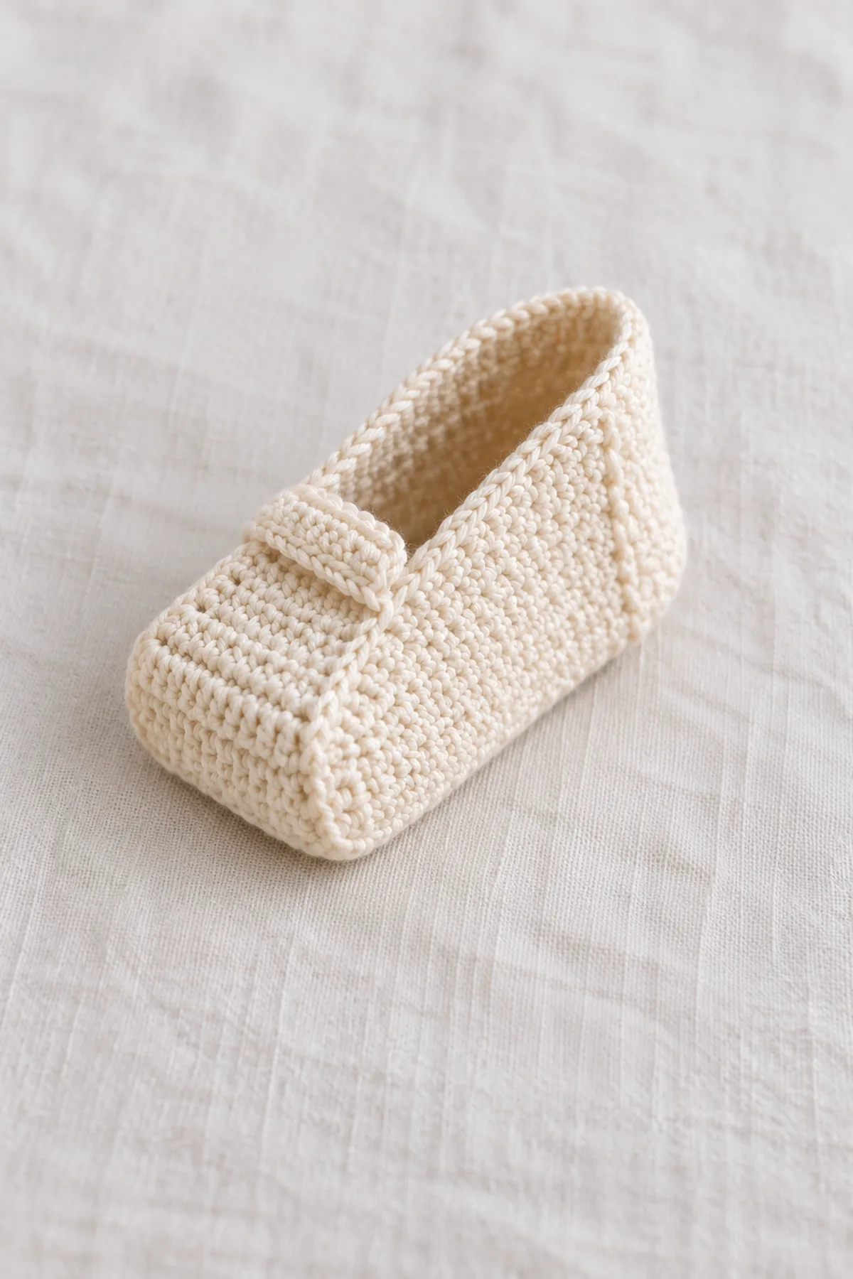 Warm-cream crochet square folded exactly in half into an unfinished soft bootie, toe and heel short-edge seams visible, full long top slit still open, four-stitch vamp tab partially crocheted.