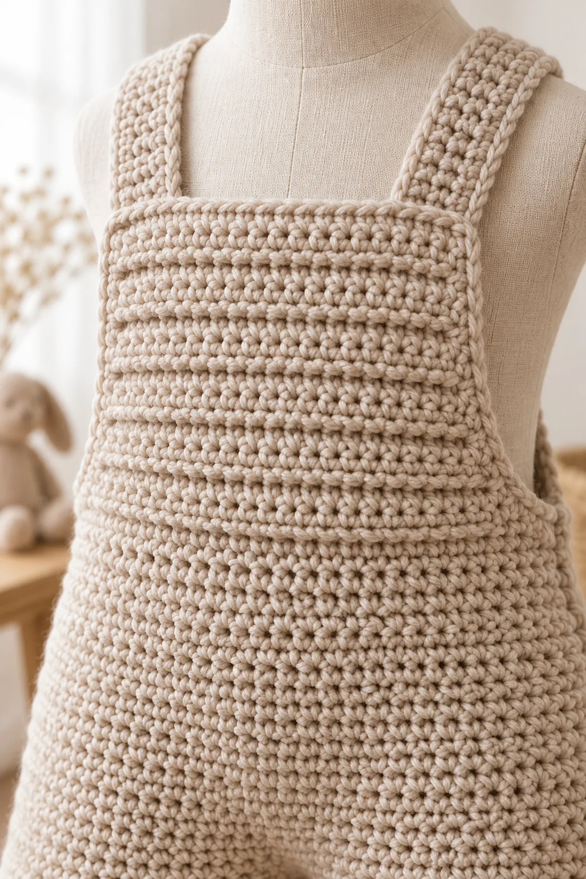 Macro of oat crochet overall front showing regular horizontal sc-BLO ribbed bib above dense body, smooth secure crotch join and no hardware.