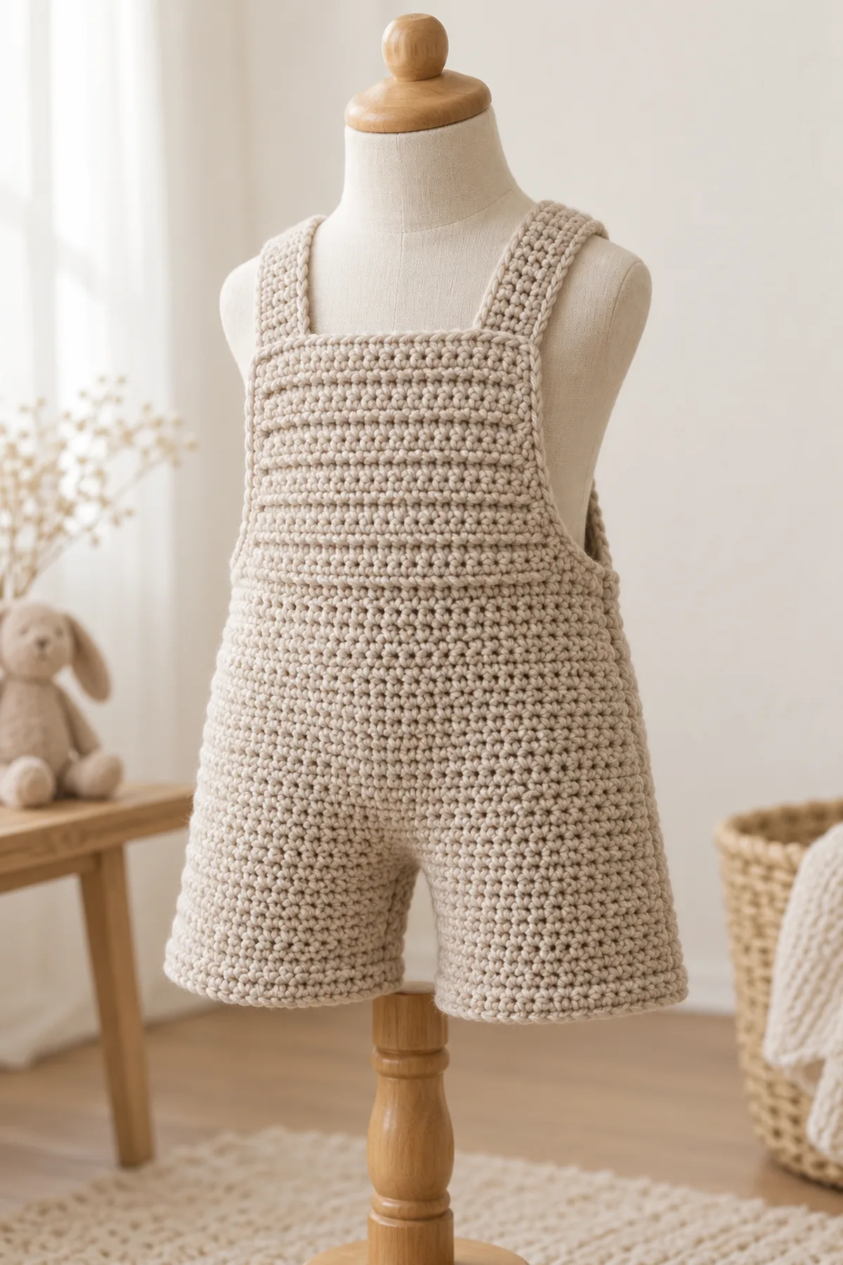 One original oat-colored DK crochet baby short overalls garment displayed on child-size dress form: two short separate legs joined into a full body, wide horizontally ribbed front bib, two broad permanently sewn shoulder straps crossing behind. No buttons, snaps, pockets or booties.