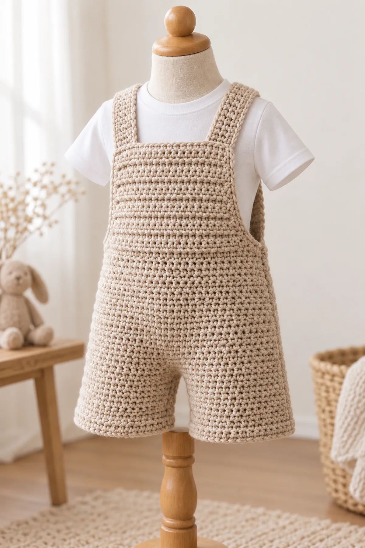 Same oat crochet baby short overalls on a neutral child-size mannequin over plain white shirt, front bib and short legs visible with glimpse of fixed cross-back straps, no child or extra clothing details.