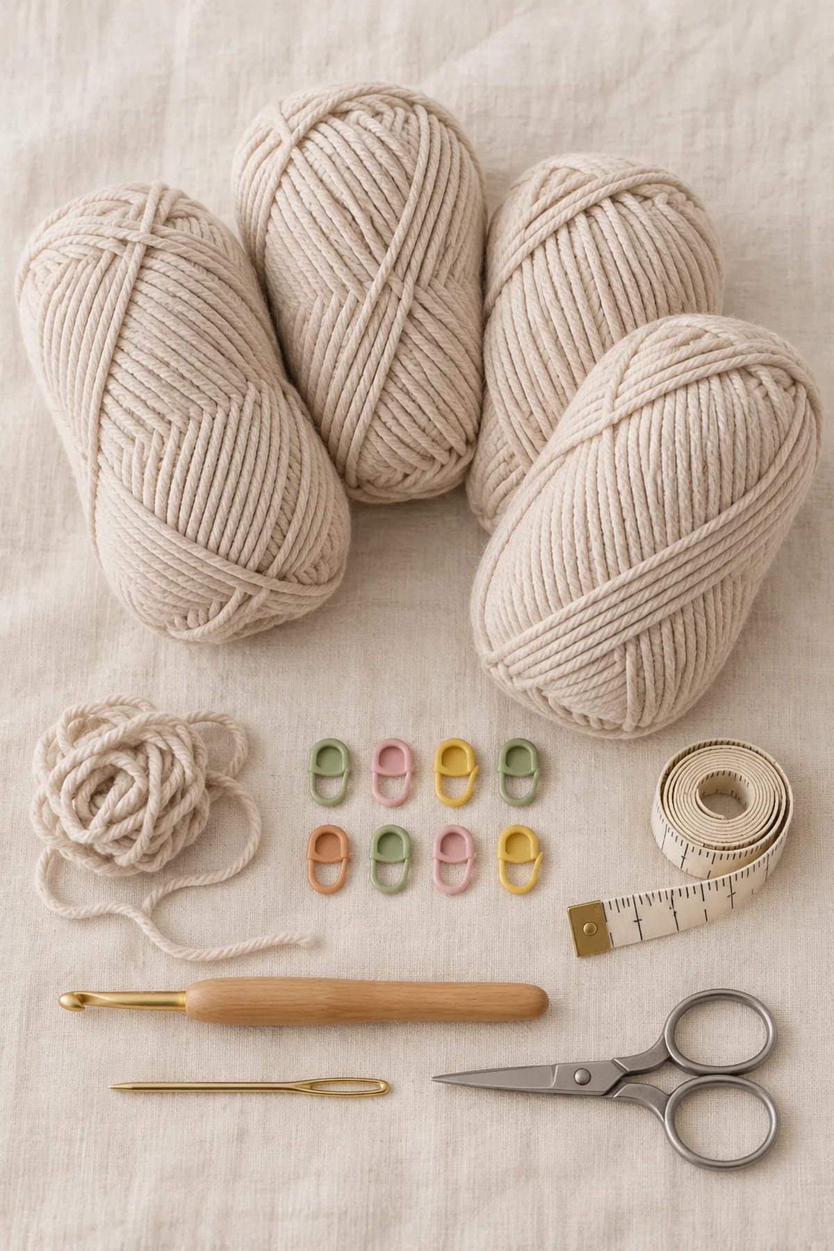 Oat washable DK cotton blend yarn, 4 mm hook, eight stitch markers, yarn needle, tape measure and scissors arranged on cream table; no finished overalls.