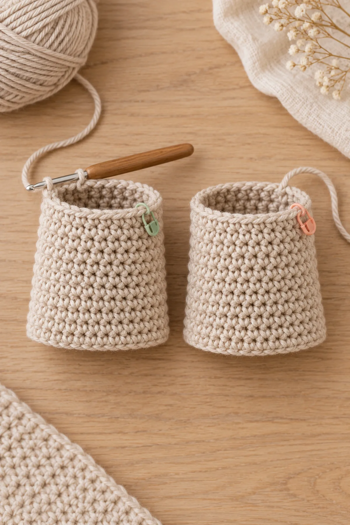 Two separate matching oat single-crochet short leg tubes, eight rounds high, side-by-side with markers and working hook attached to one; not yet joined at crotch, no bib.