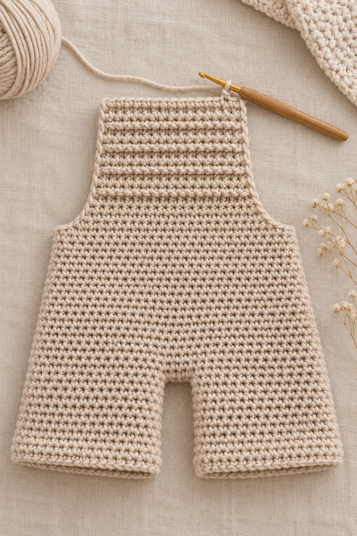 Oat short overalls with both leg tubes joined by two narrow crochet crotch bridges and straight body completed, front horizontally ribbed bib half worked; straps not yet made.