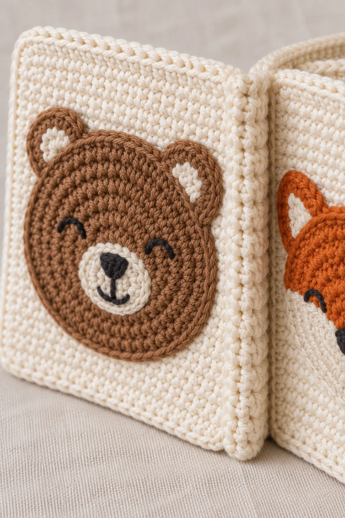 Close view of double-sewn flat animal face applique perimeter on cream crochet page and adjacent six-stitch-wide flexible stitched book spine, no protruding parts.