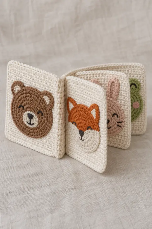 Original four-page handmade crochet soft animal picture book in washable cream cotton, shown partly open on a neutral tabletop with flat bear and fox face pages visible and two additional bunny and frog page faces glimpsed, wide flexible stitched spine, no plastic eyes, dangling pieces or printed text.