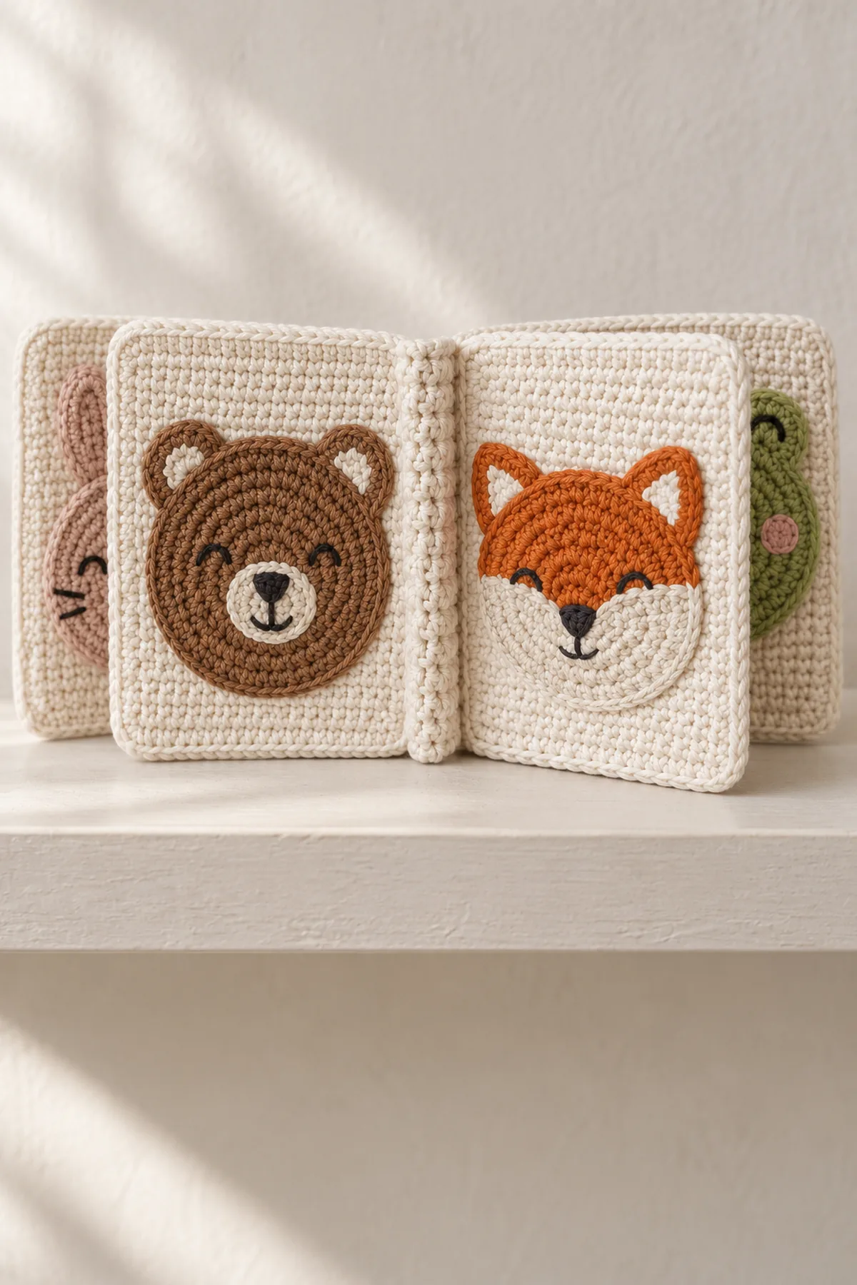 Same four-page cream cotton crochet animal picture book open flat on a neutral shelf showing two facing embroidered animal pages, other two visible at page edges, broad flexible spine and no child or crib.