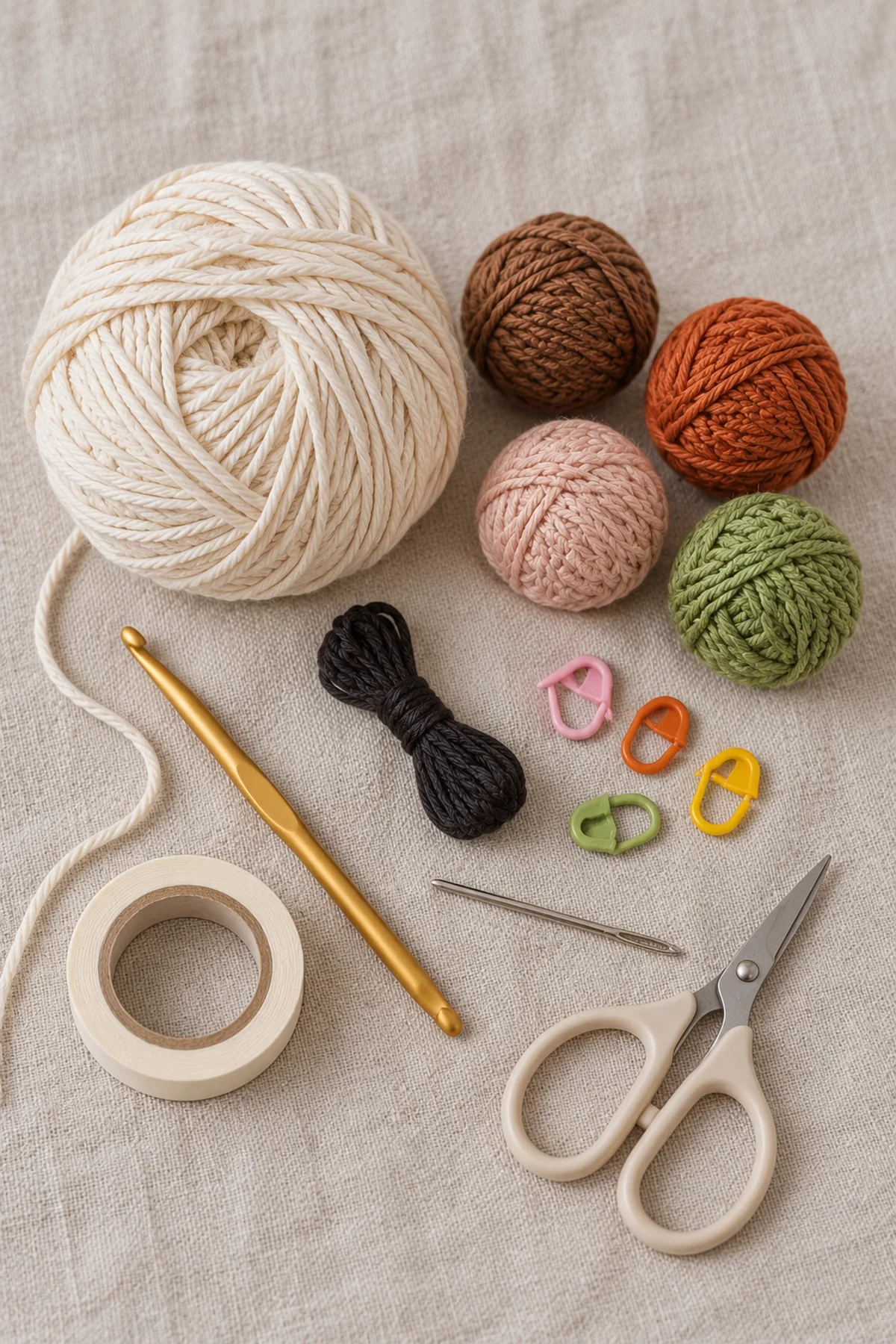 Cream cotton DK yarn and small cocoa, rust, pale pink and leaf green cotton yarn balls, dark embroidery yarn, 3.5 mm hook, four markers, blunt needle, tape and scissors on linen; no finished book.
