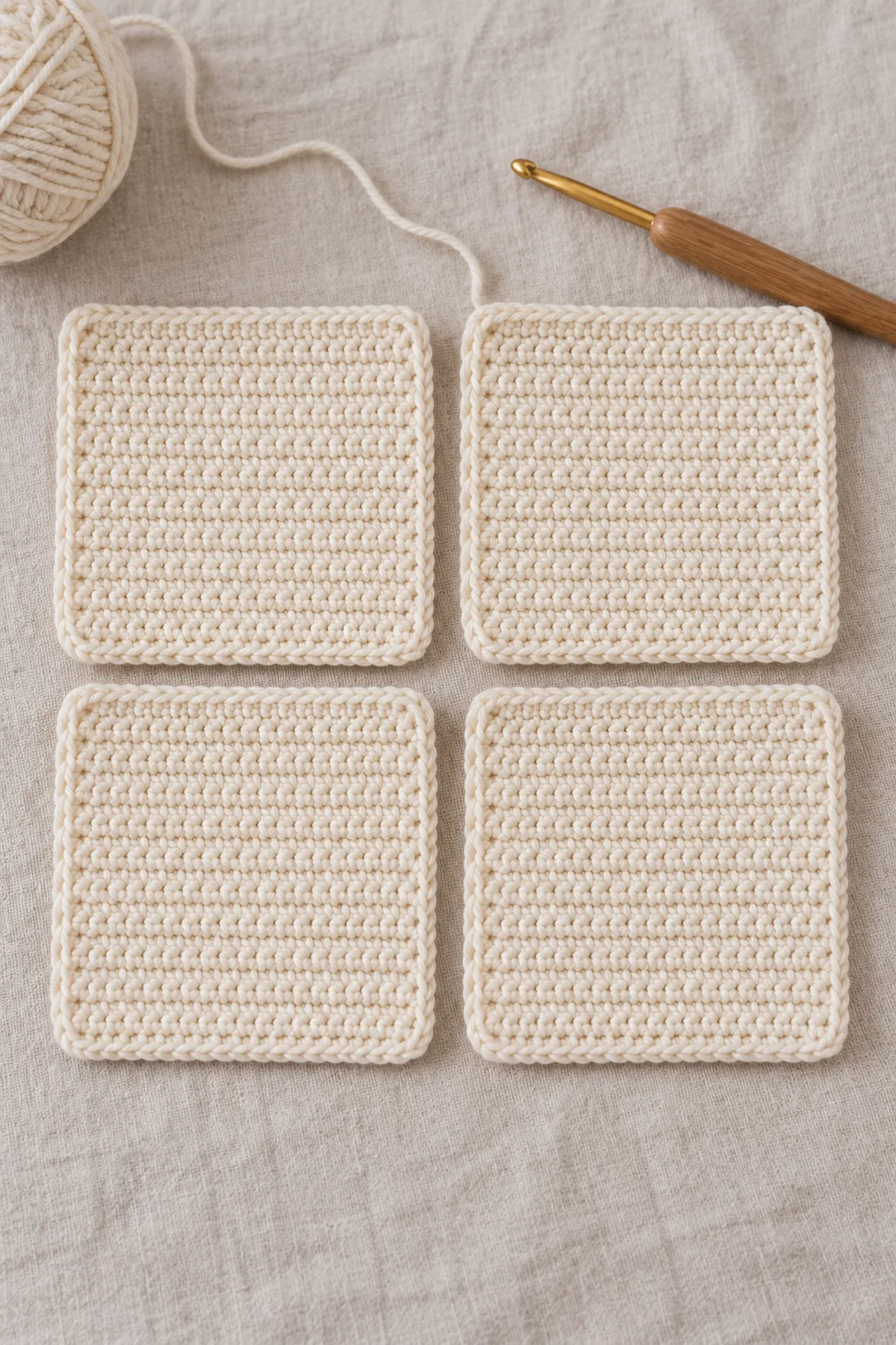Four identical flat cream single-crochet square book page panels arranged in reading order, each neat and unadorned with row-end markers, hook nearby; no animal faces or binding yet.