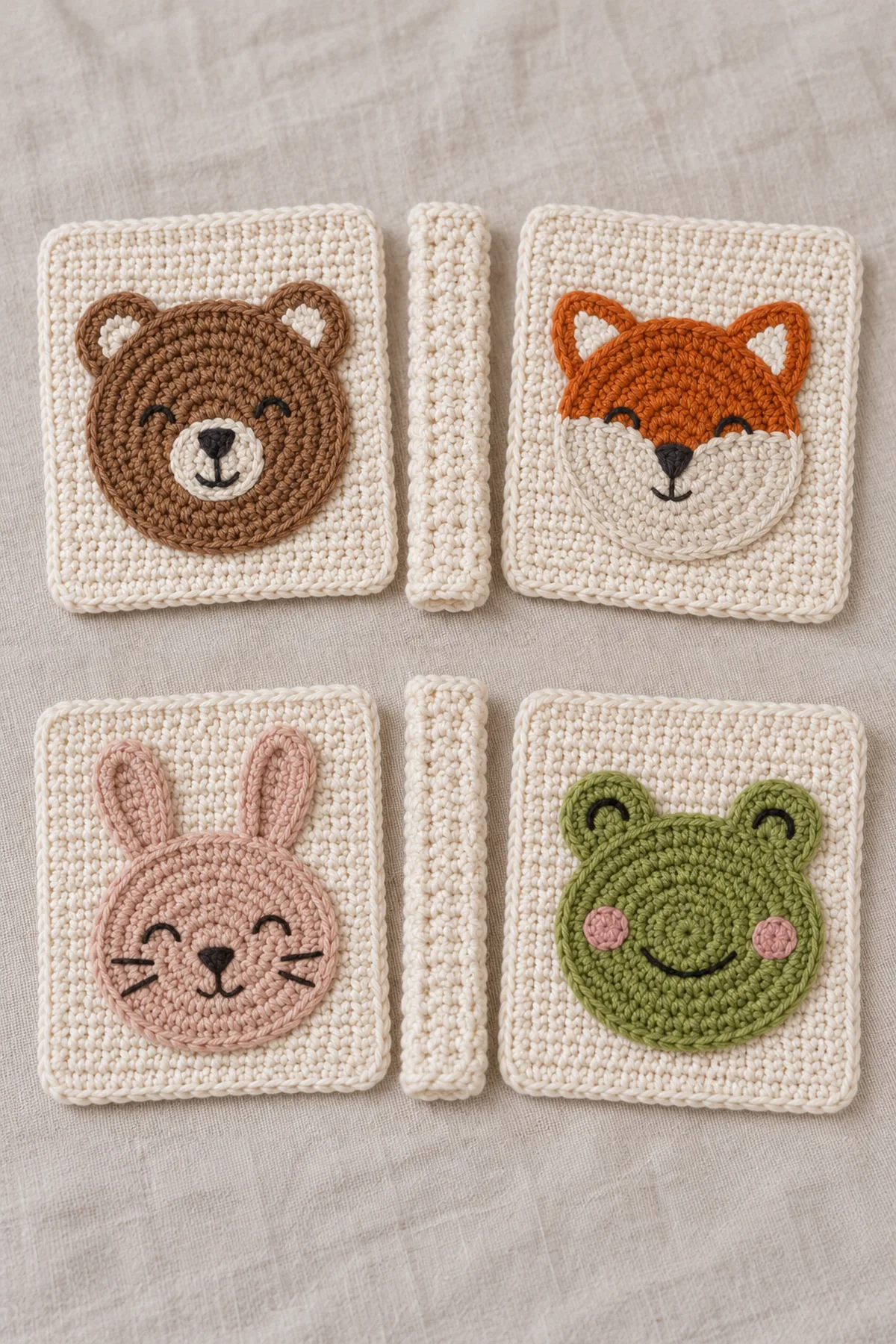 Four cream crochet square pages each with one flat sewn bear, fox, bunny or frog face disc and closed embroidered features, two page pairs not yet joined to the separate wide cream spine strip.