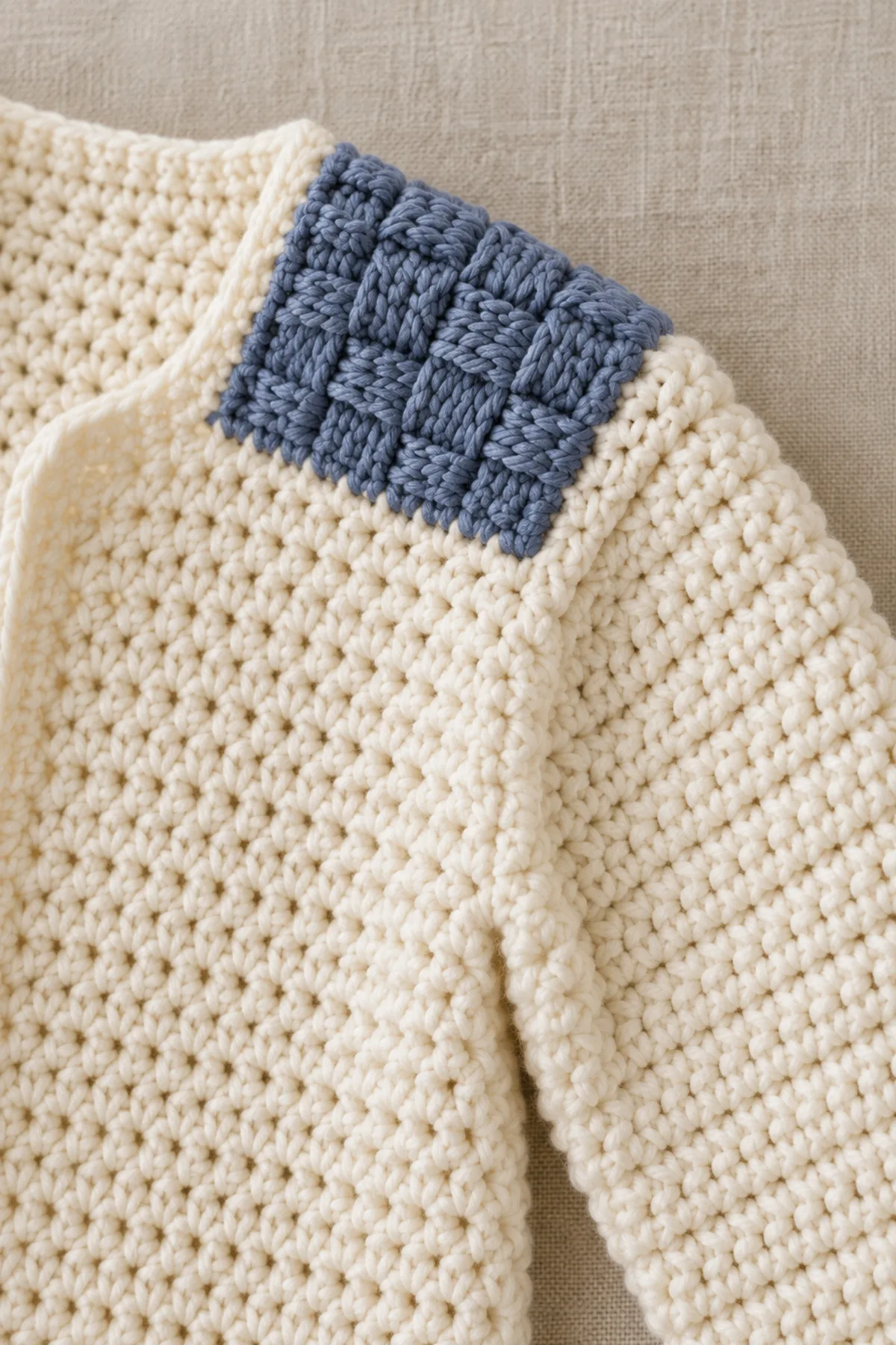 Close-up of a slate basketweave shoulder saddle sewn between an ivory front and back with a smooth sleeve-head join