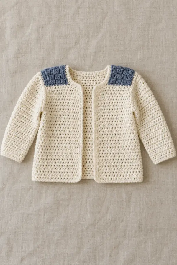 Ivory open-front crochet baby cardigan with two narrow slate basketweave shoulder saddle strips, plain body and long sleeves on neutral linen