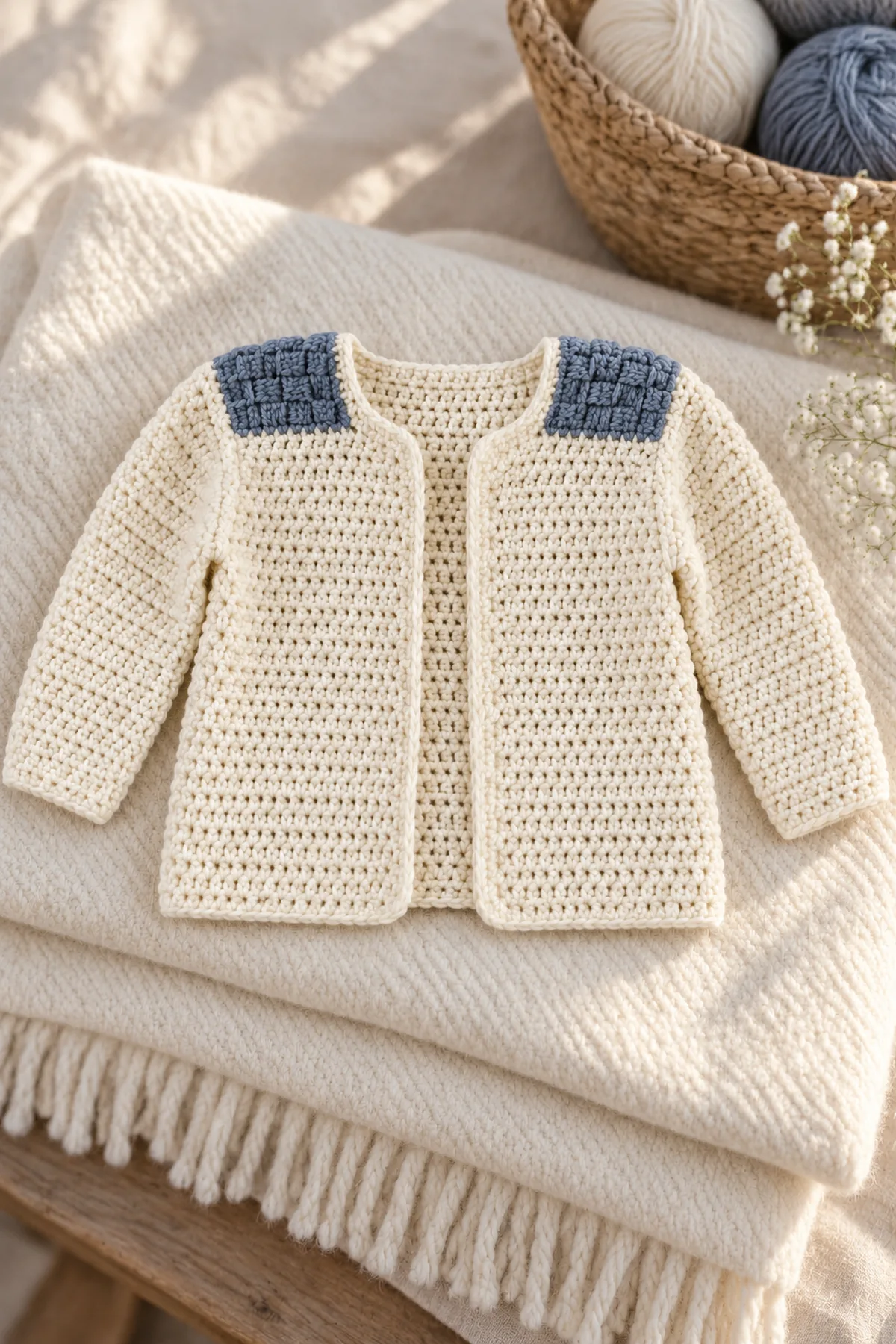 Finished ivory and slate Basketweave Saddle-Shoulder baby cardigan laid flat in a calm gift setting with open front, no child