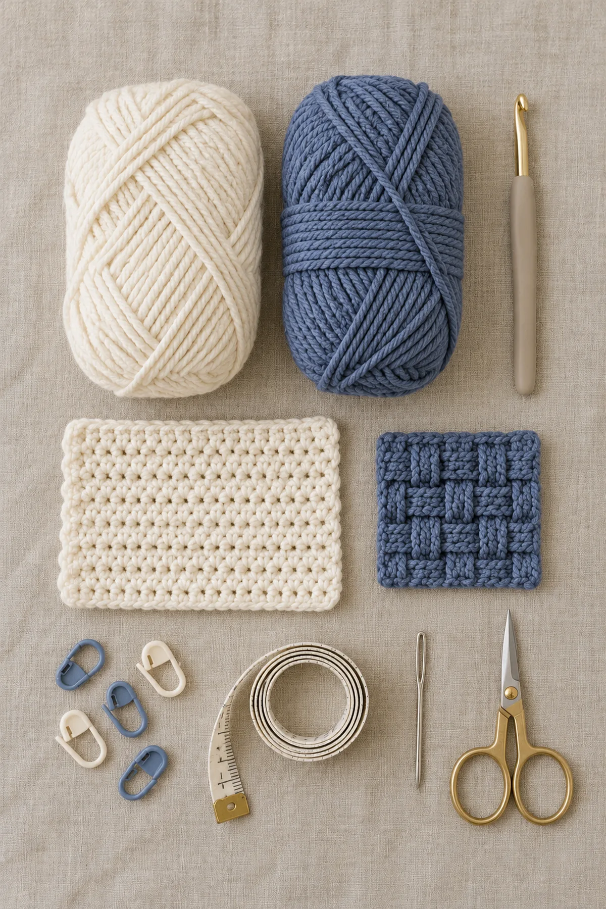 Ivory and slate DK yarn, 4 mm crochet hook, plain hdc swatch, small slate basketweave swatch, markers and tape measure