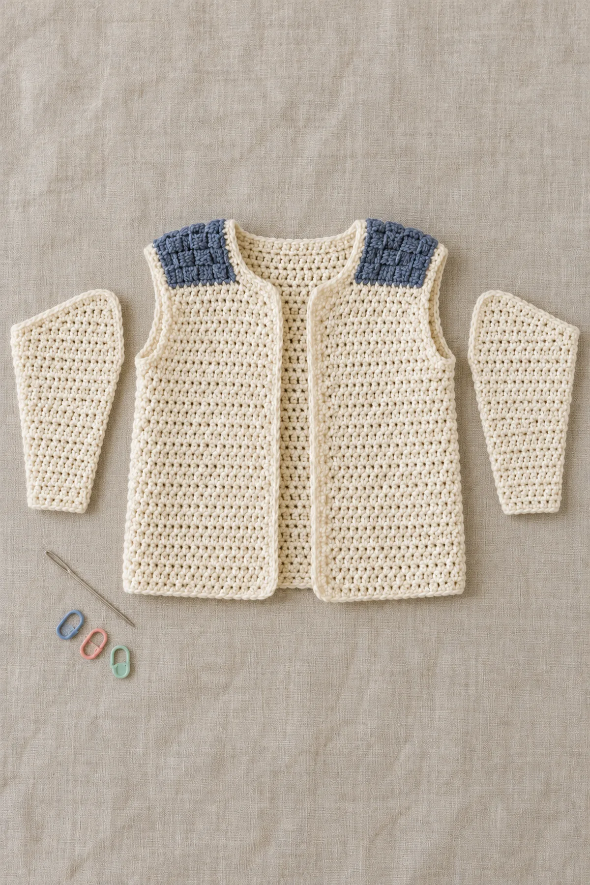 Ivory baby cardigan body joined through two slate shoulder saddle strips with side seams closed and two separate flat sleeves ready to attach