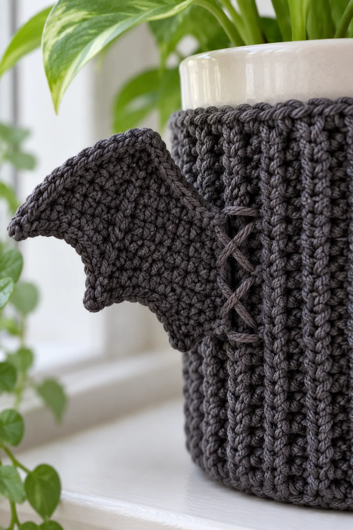 Macro of a doubled charcoal flat crochet bat wing sewn by its straight vertical root to a ribbed plant pot sleeve beside a neat removable charcoal laced vertical join, stitches visibly hand worked and lace not trapped in wing seam.