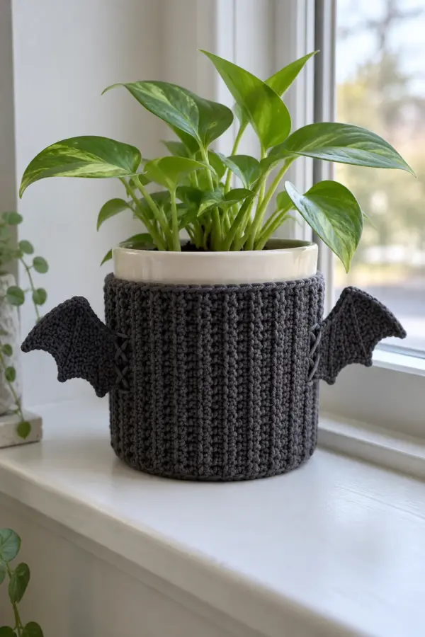 Charcoal ribbed crochet open-bottom sleeve snugly around straight-sided cream ceramic pot about five inches wide with a small green plant. Two small flat double-layer charcoal angular bat wings sewn at opposite vertical sides, each with subtle two-point stepped outer edge, wings soft and unstuffed with no wire. Two short discreet charcoal laced vertical joins, no face, no ears, no crocheted base. Light neutral window sill.