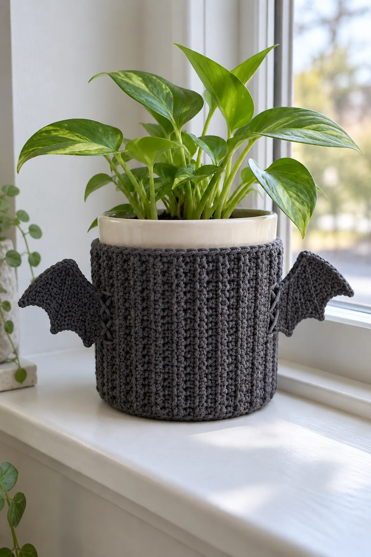 Completed charcoal crochet bat-wing jacket around a cream straight-sided outer pot with a small green plant on a dry daylight window shelf, soft doubled angular wings project to each side, base uncovered and pot resting stably, no Halloween figurines or flames.