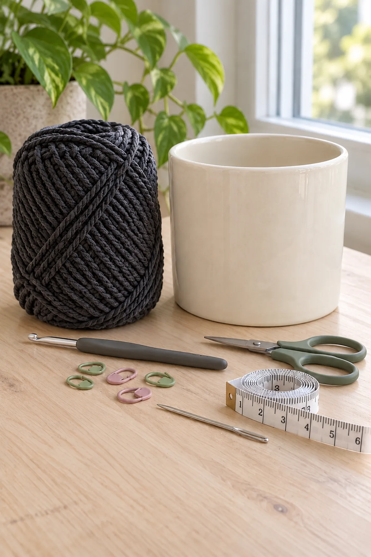 Charcoal worsted cotton, 4 mm hook, markers, blunt needle, scissors, tape and empty straight-sided cream ceramic watertight outer pot on pale wood, no soil spilling and no wire.