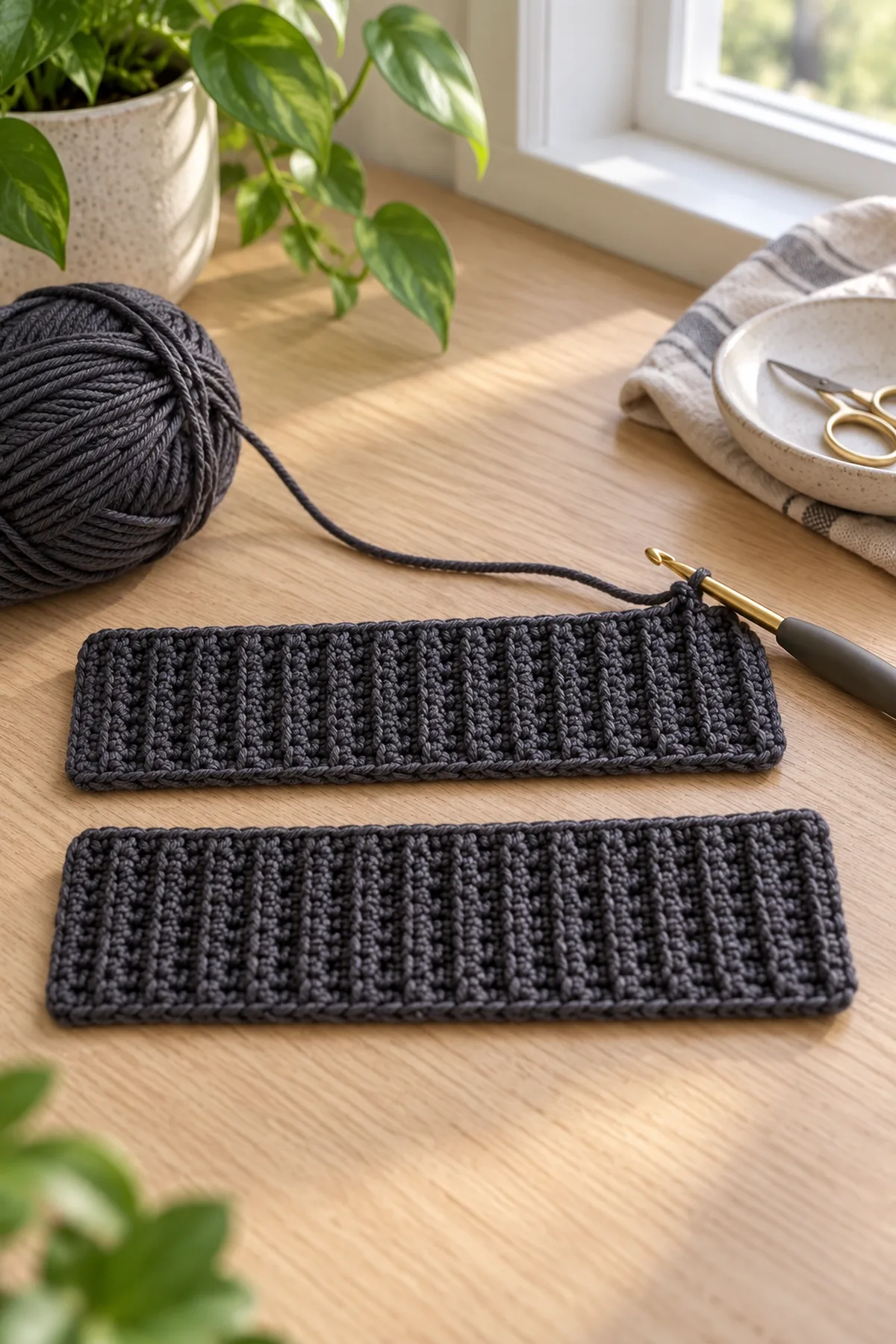 Two separate small charcoal BLO single-crochet rectangular half-bands lying flat, closely spaced ribs along length, hook and live yarn on one, no joined tube or wings yet.