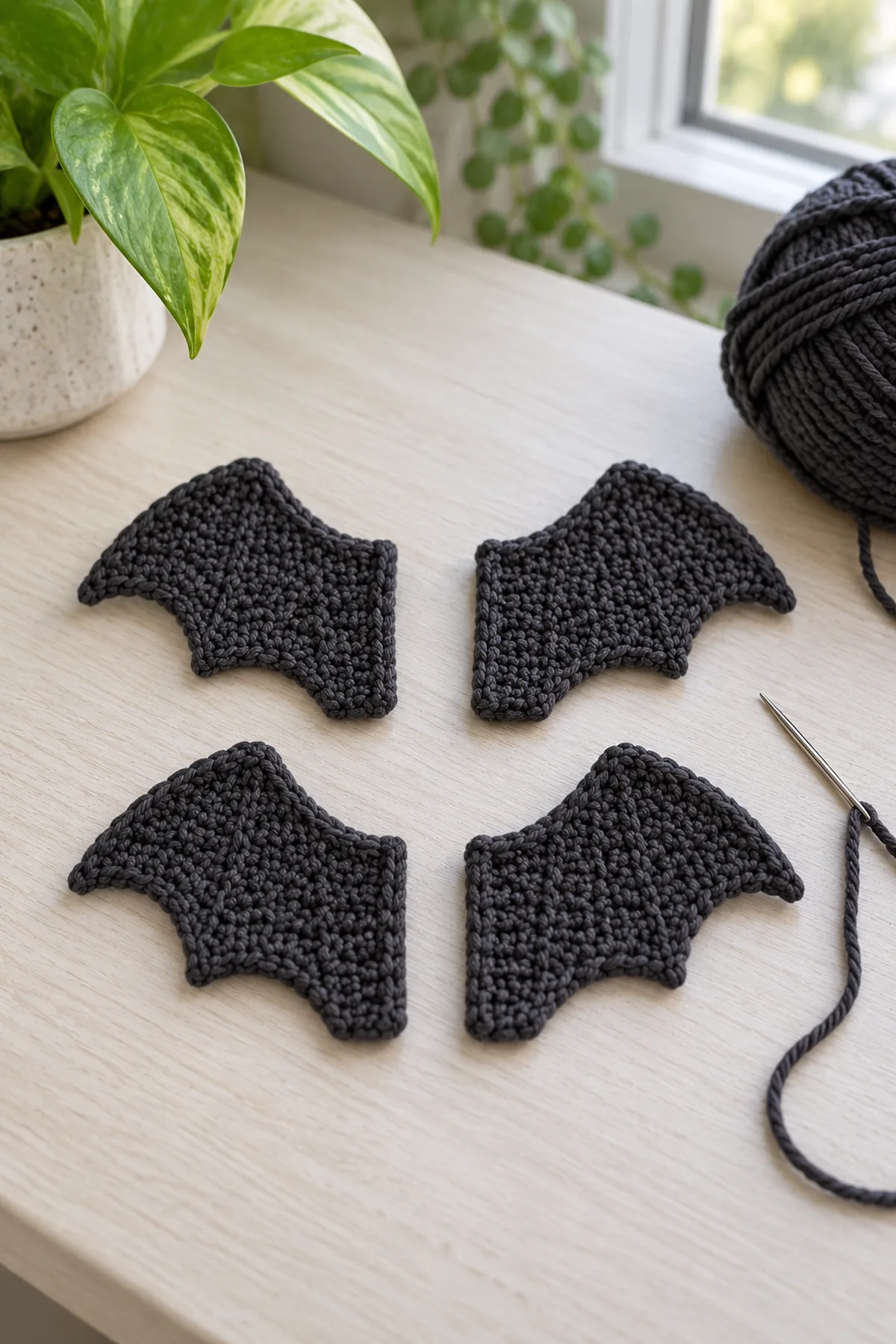 Four separate identical flat charcoal crochet bat-wing layers on pale table, roughly tapered shapes with one straight root edge and subtly stepped outer edge; one pair aligned for joining with yarn needle, no stuffing and no wire.