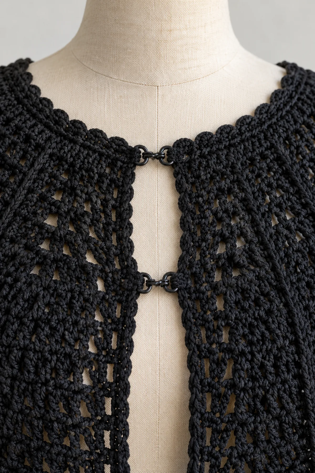 Close view of black crochet point-edge small scallops and securely sewn black hook-and-eye closure at curved neckline, stitch texture visible