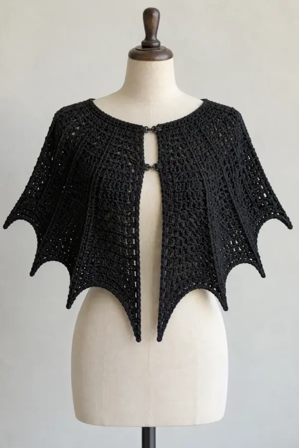 Original adult black crochet batwing shoulder cape on an adult dress form, curved neckline, open front secured with two subtle black hook-and-eye closures, six distinct pointed scalloped wing hem lobes with center pair longest, no hood or sleeves